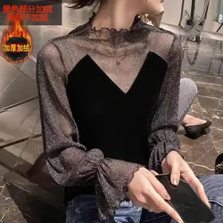 Blouse Women Women's Mesh Lace Velvet Loose Retro Top for Spring and Autumn Blusas Ropa De Mujer