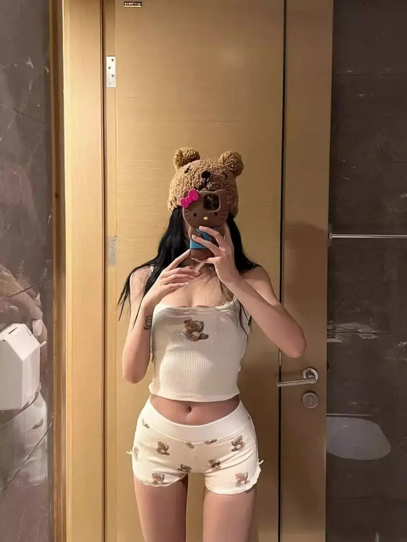 Sexy Pure Desire Bear Print Che Nightgown with Chest Pad Home Clothes Set Women's Summer Spwear ort Sve Square Co...