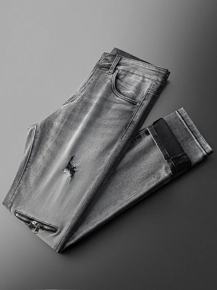 

JSBD-NZ Summer high end yuppie make old smoke grey jeans retro ripped slim straight leg jeans for men