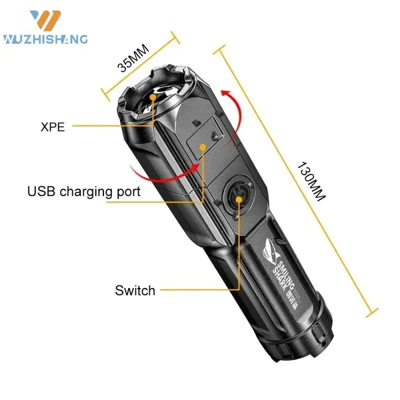 강력한 LED 손전등 100 루멘 전술 손전등 충전식 USB 18650 방수 줌 낚시 사냥 LED 손전등