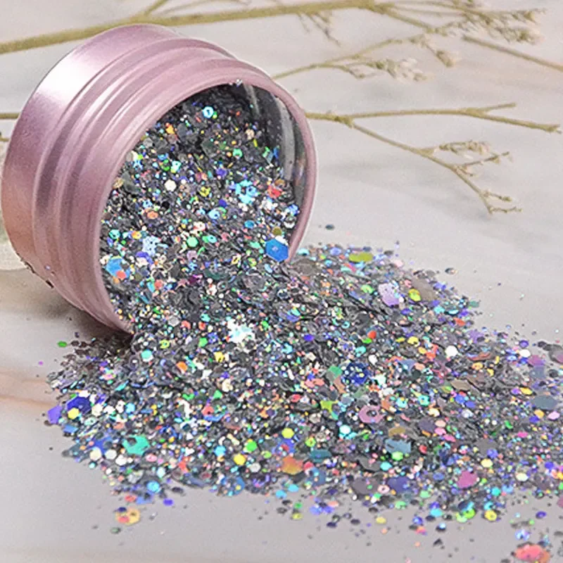 Iridescent Nail Art Sequins Silver Nail Chunky Glitter DIY Chrome Powder Sparkly Hexagon Chunky Flakes Manicures Decorations