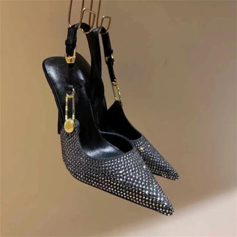 2023 Summer New Silk Rhinestone Belt Buckle Back Hollow Pointed Thin Heel Baotou Sandals Women's High Heels Banquet Shoes