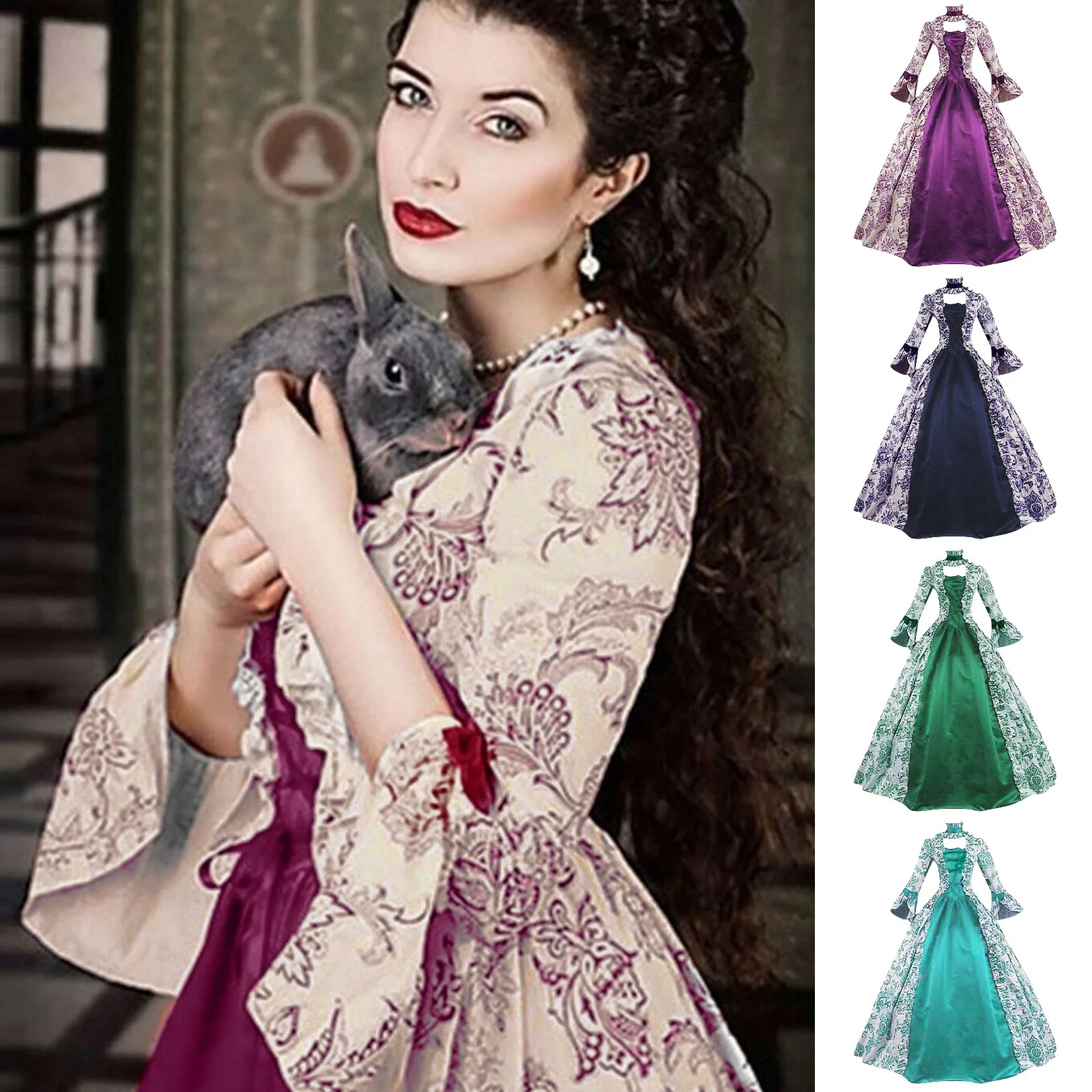 

Women Lace-Up Medieval Dress Ruffles Bow Vintage Victorian Carnival Maxi Dress Patchwork Floral Female Cosplay Fairy Long Dress