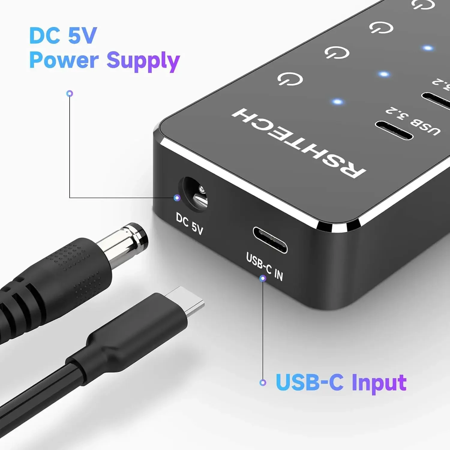RSHTECH 7-Port Powered USB C Hub with 10Gbps USB-C 3.2 Ports Individual Touch Switches 5V/3A Power Adapter Laptop USB Splitter 5