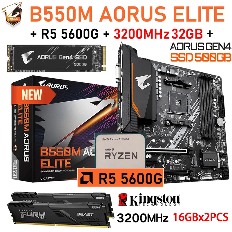 

Socket AM4 Gigabyte B550M AORUS ELITE AM4 Motherboard Combo AMD Ryzen 5 5600G CPU Kit Kingston DDR4 3200MHz 32GB RAM+500GB SSD