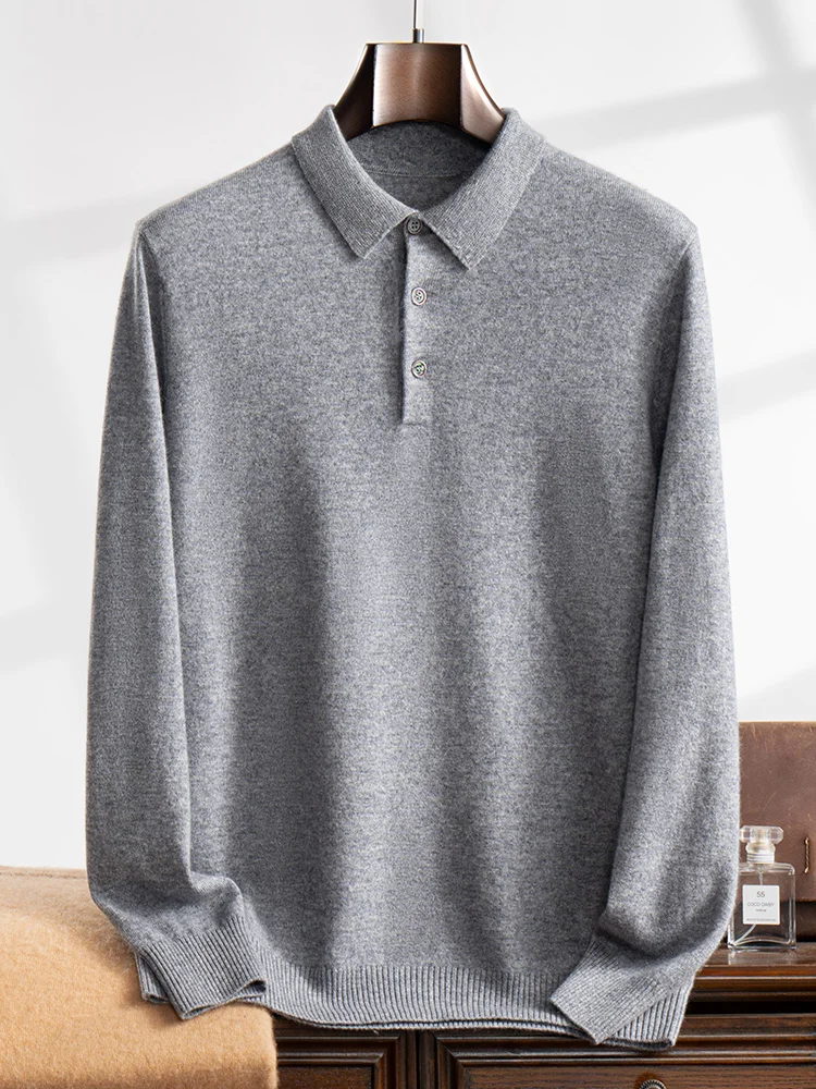 ANGEL 2024 Men's New POLO Shirt 100% Cashmere Knitted Pullover Solid Color Sweater Fall Winter Casual Business Office Jacket 3