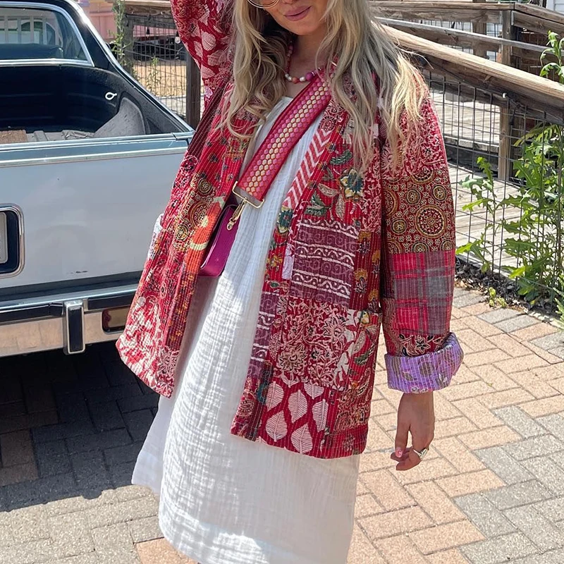 

Ethnic Vintage Pattern Print Lace Up Jacket Women Fashion V-neck Slim Woolen Coat Cardigan Fall Winter Long Sleeve Top Outerwear