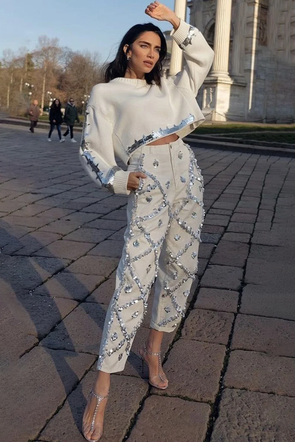 Jeans Donna A Vita Alta Con Strass E Gamba Larga – Denim Lucido Con Harem Elasticizzato, Perfetto Per Feste E Tempo Libero