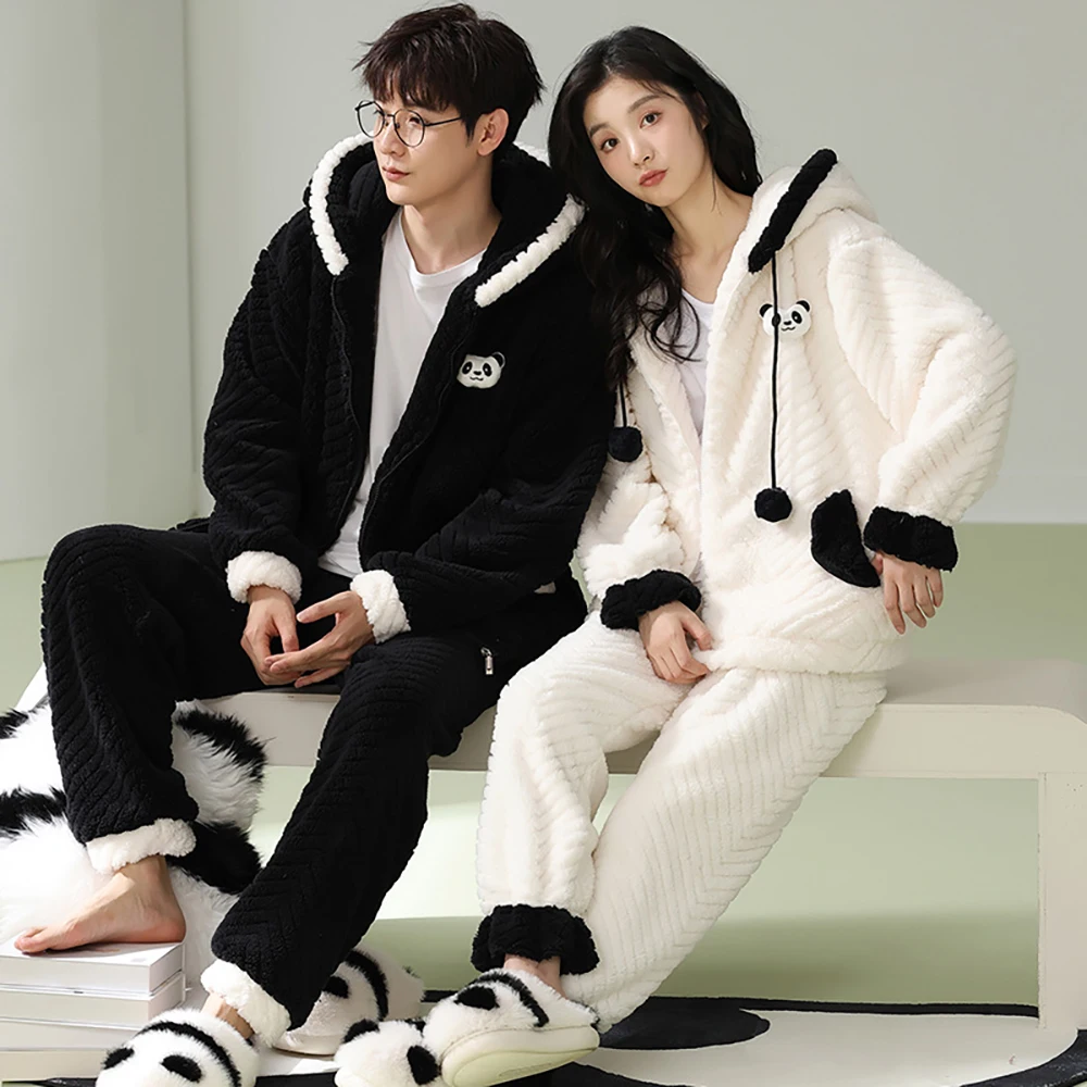 Men's Winter Hooded Pajamas Flannel Thicken Warm Couple Sleepwear for Sleeping Cartoon Zipper Casual Pajamas Set pijama hombre