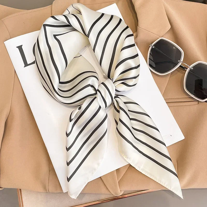 Luxury Stripe Print Silk Square Scarf Women Floral Soft Satin Hairband Kerchief Neckerchief Hijab Headband Foulard Bag Ribbons 2