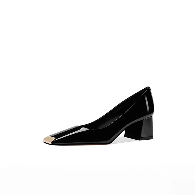 2025 new spring ladies pumps chunky heels leather square head shallow mouth with fashion comfortable commuter work women's shoes 6