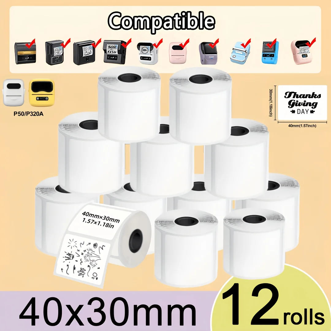 12 Rollen 40x30mm weiße Thermoetiketten, kompatibel mit Phomemo M200/M210/M110/M120/M108/P50/P80, perfekt für Namensschilder, Geschenke – Detail 1