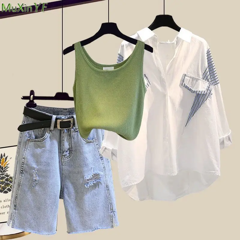 

Женский летний костюм-тройка из джинсовой ткани, Повседневная Свободная блузка, жилет и джинсы с защитой от солнца и полосками, 2024