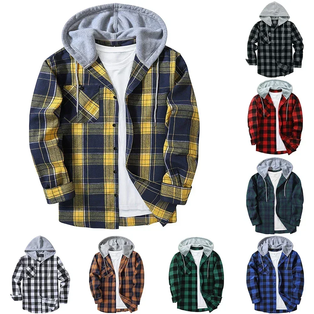 Men Plaid Long Sleeve Hooded Shirts Button Work Drawstring Casual Tops Cardigan Button Down Work Coat Tops Hoodie AliExpress