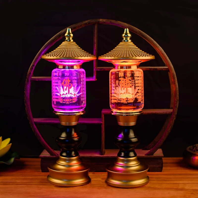 Household Lotus Heart Sutra LED Crystal Lamp Buddha Offering Lamp Prayer Buddhist Decorative Accessories Plug-in