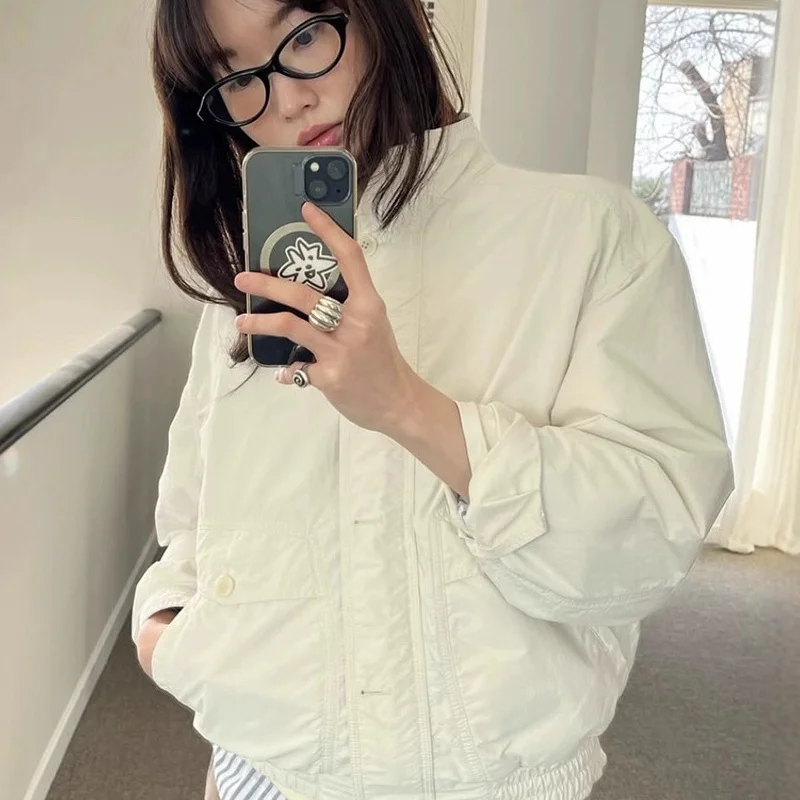 가을 루즈핏 퓨어 컬러 스탠드 칼라 작업복 자켓 여성용 탑 편안한 통기성 수분 흡수 자외선 차단