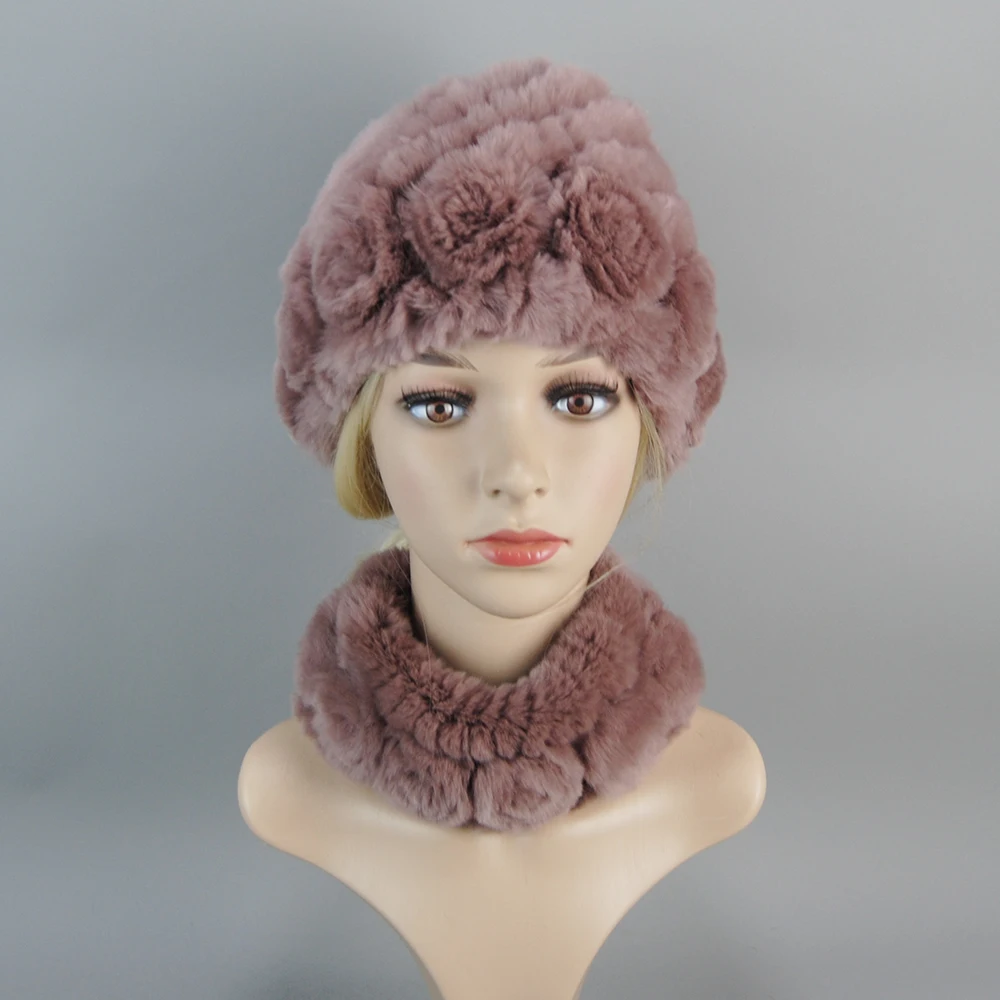 Hot Sale 2 Pieces Natural Rex Rabbit Fur Cap Scarves Women Warm Rex Rabbit Fur Hat Scarf Sets Winter Lady Knit Fur Hats Muffler 3