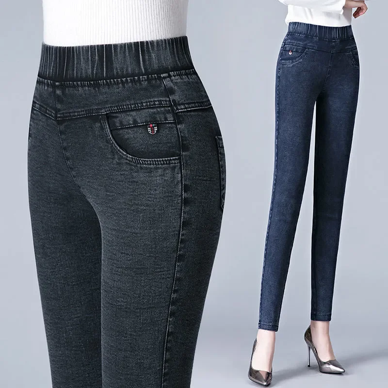 

Streetwear Fashion Women Skinny Jeans Spring Autumn Elastic High Waist Pencil Pants Denim Breathable Black Casual Trousers N105