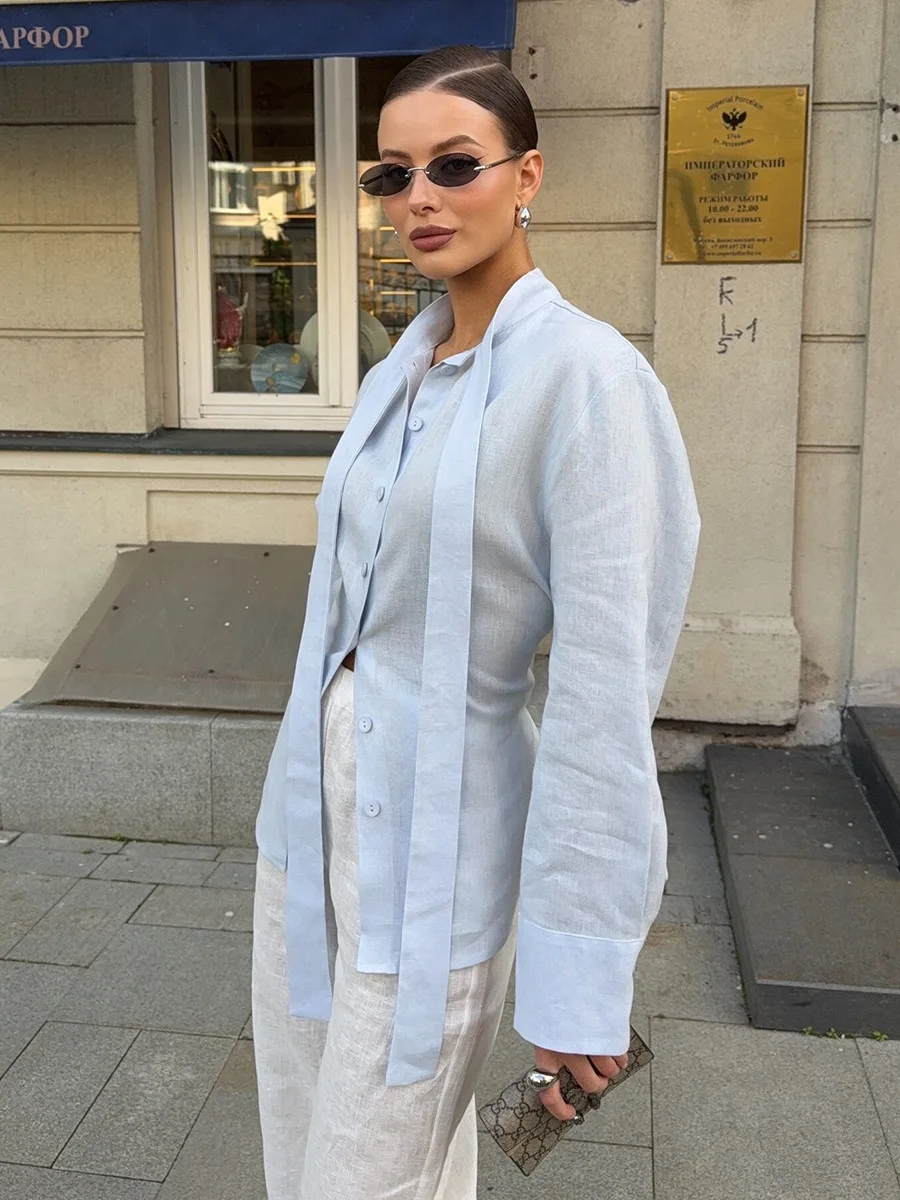 Bornladies New Autumn Tie Belted Shirt Women's  Floating Ribbon Cardigan Top Commuting 100% Cotton Slim Blouse