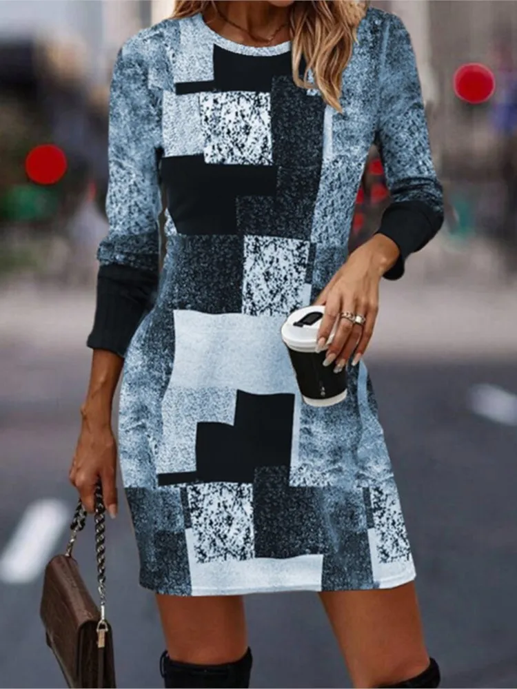 

Autumn Casual Dress For Women Fashion Geometric Print O Neck Long Sleeve Knee-length Dress Office Women's Clothing 2024
