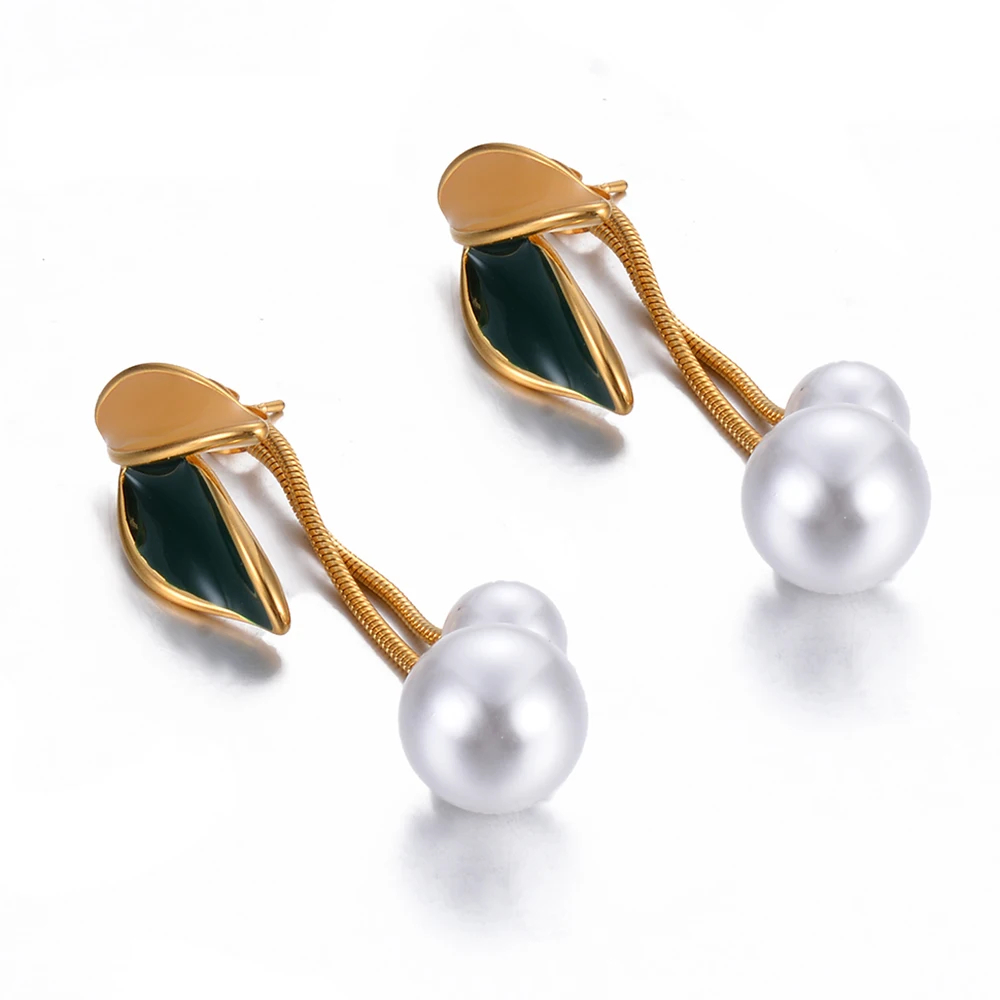 

Trendy Stainless Steel Enamel Leaf Dangle Earrings Imitation Pearls Long Drop Ear Jewelry Temperament for Women Gift