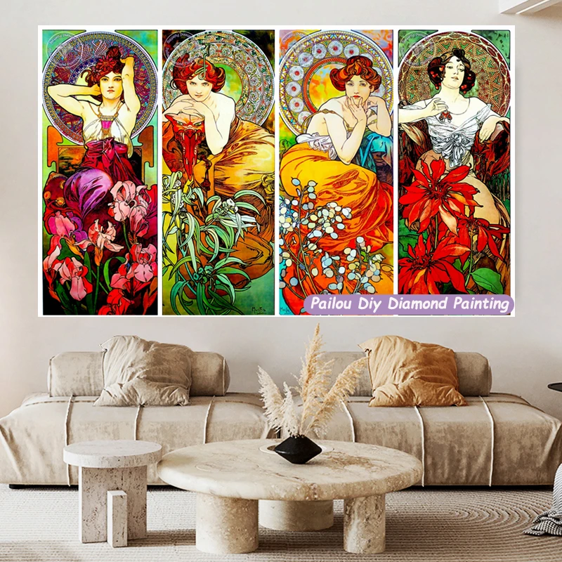 Stained Glass Alfons Maria Mucha Four Seasons Diamond Painting Crystal Art Alphonse Much Rose Lily Carnation Iris Mosaic Decor