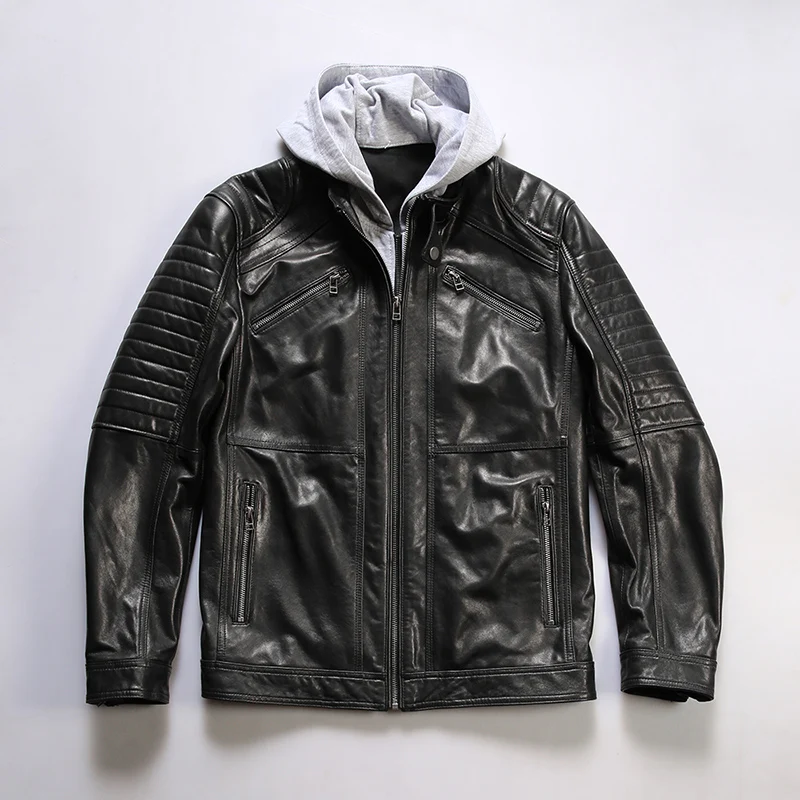 

Spring Autumn new removable hat hooded leather jacket men's multi-pocket sports leisure vegetable tanned sheepskin fur clothing