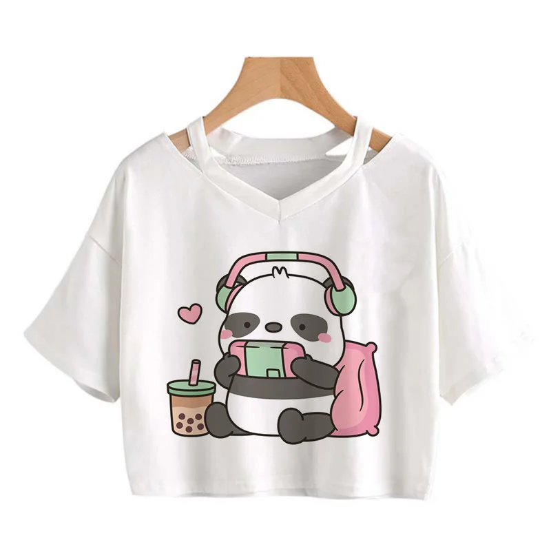 Kawaii Crop Tops for Girls Cute Korean Style T-shirt Women Panda Milk Tea Graphic T Shirt Cartoon Haruku Y2k Tee Tshirt111_voghion.com