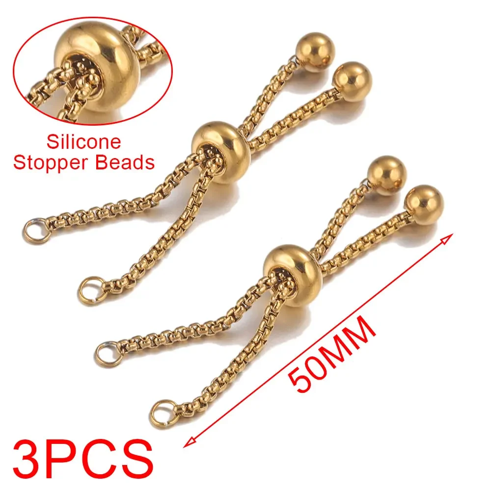 Elegant Gold-Toned Stainless Steel Slide Bracelets with Rubber Bead Accents - Set of 3
