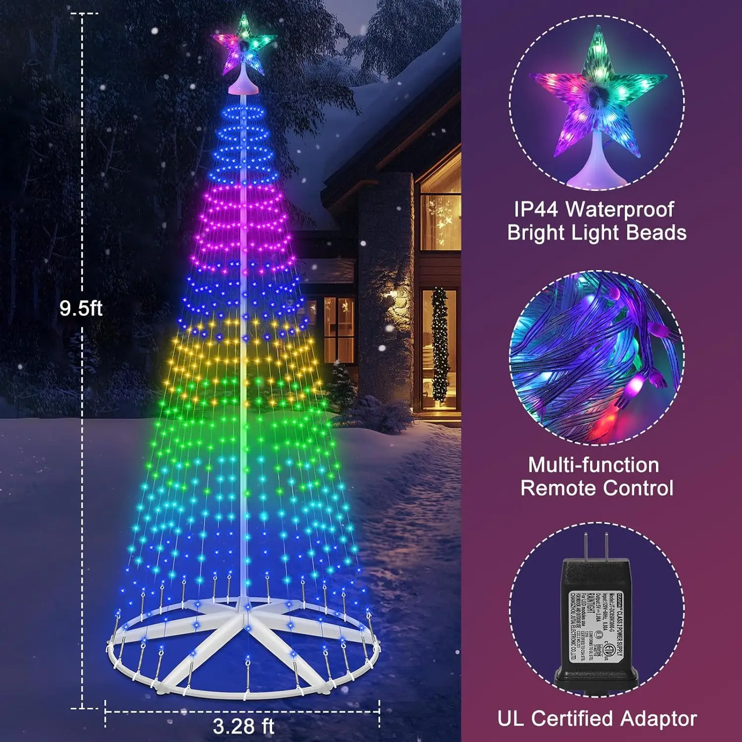 9.5FT Lighted Outdoor Christmas Tree Smart App Control, RGB Chirstmas Cone Tree Lights Music Sync, DIY Prelit Christmas Tree