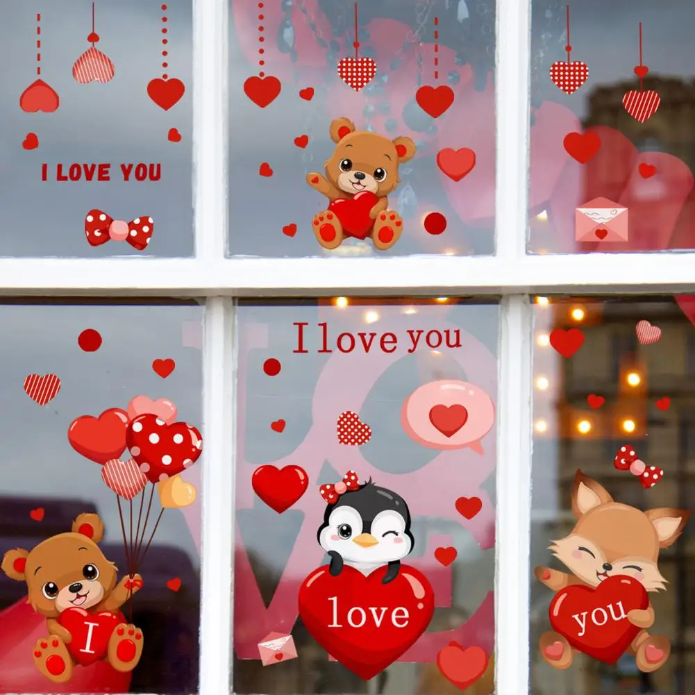 Valentine Day Electrostatic Decal Valentine Day Window Stickers Valentine's Window Sticker Set Cute Cartoon Bear for Holiday