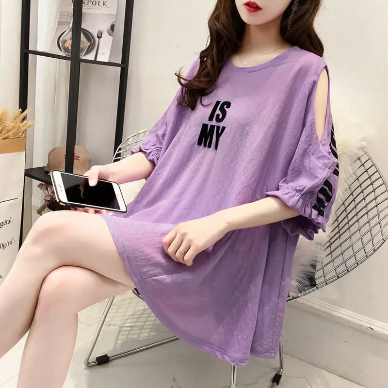 

DAYIFUN-Purple Short-Sleeved T-shirts for Women Half-Sleeved Hollow-Out Loose Large Size Tees 2024 Female Bat Sleeve Tops 100kg