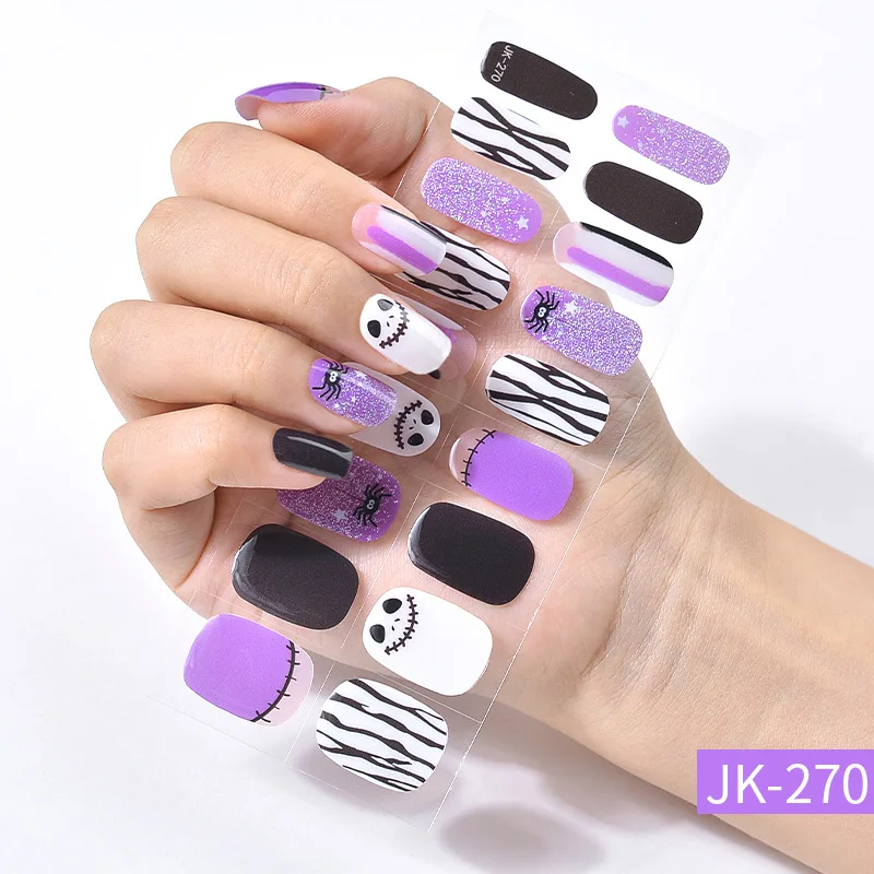 Halloween Design Nail Stickers Wholesale Full Cover Semi-cured UV Gel Nail Art Stickers Gel Nail Strips Press On Nail Decal 3