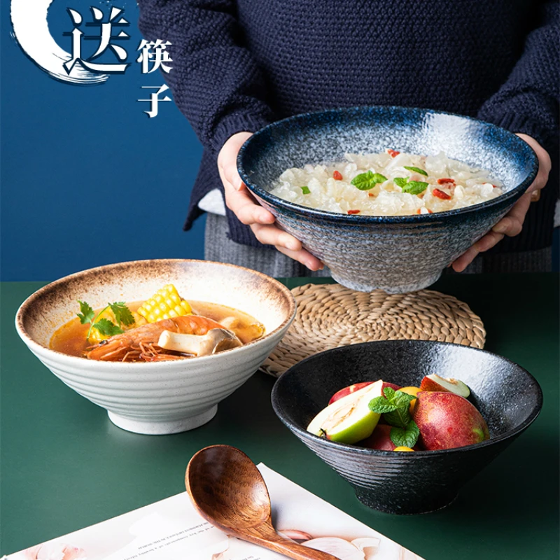 

Japanese ceramic noodle bowl large bamboo hat household ceramic noodle bowl rice soup bowl retro bowl tableware set