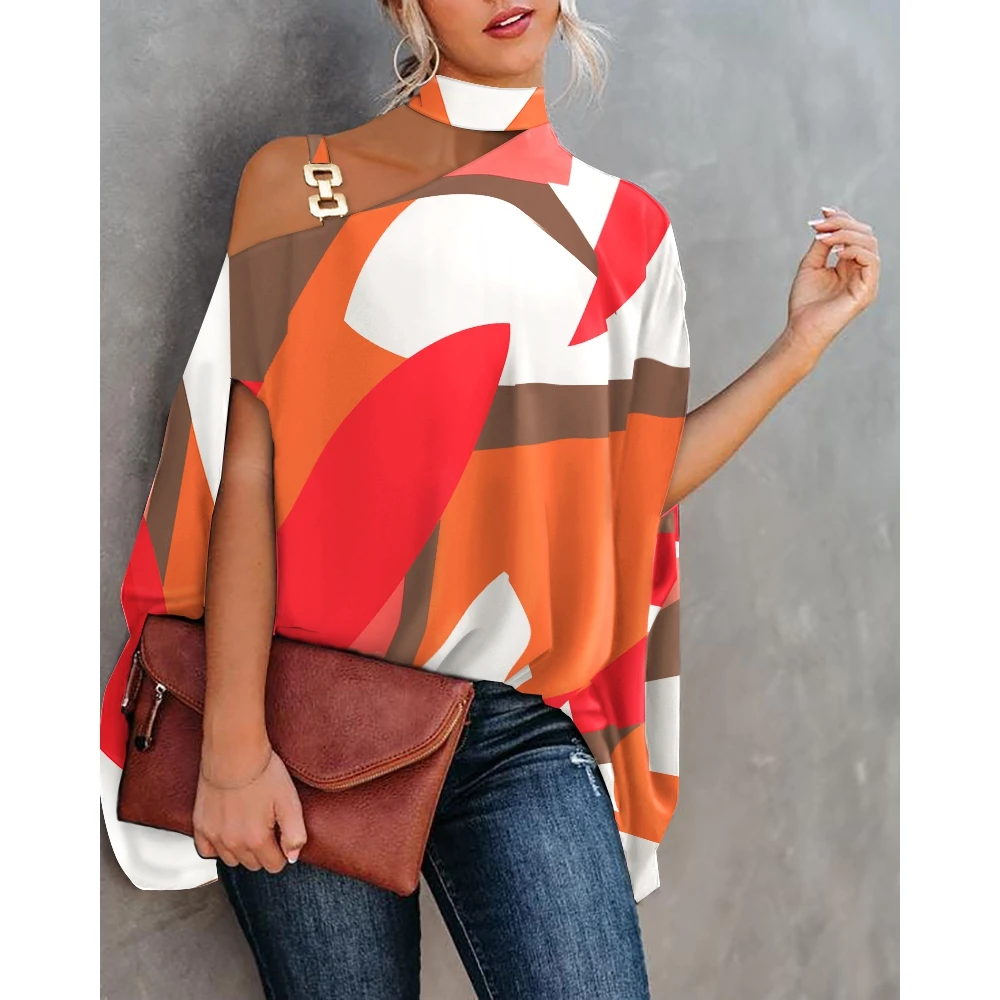 

2023 Summer Women Oversized Plants Print Chain Strap Cold Shoulder Half Sleeve Top Fashion Femme Batwing Sleeve Halter Blouses
