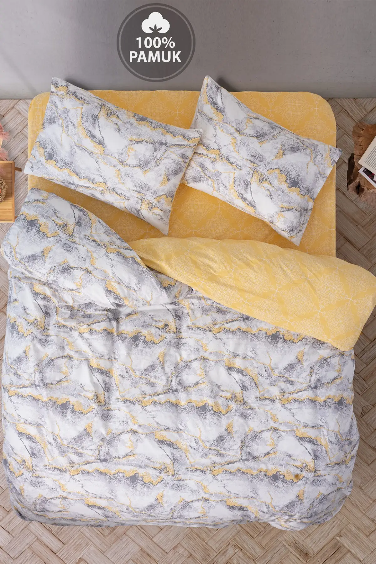 

Ranforce Double Bed Bed Sheet with Tire Marble Yellow Cotton 200x220 Single Size Bedroom Textile