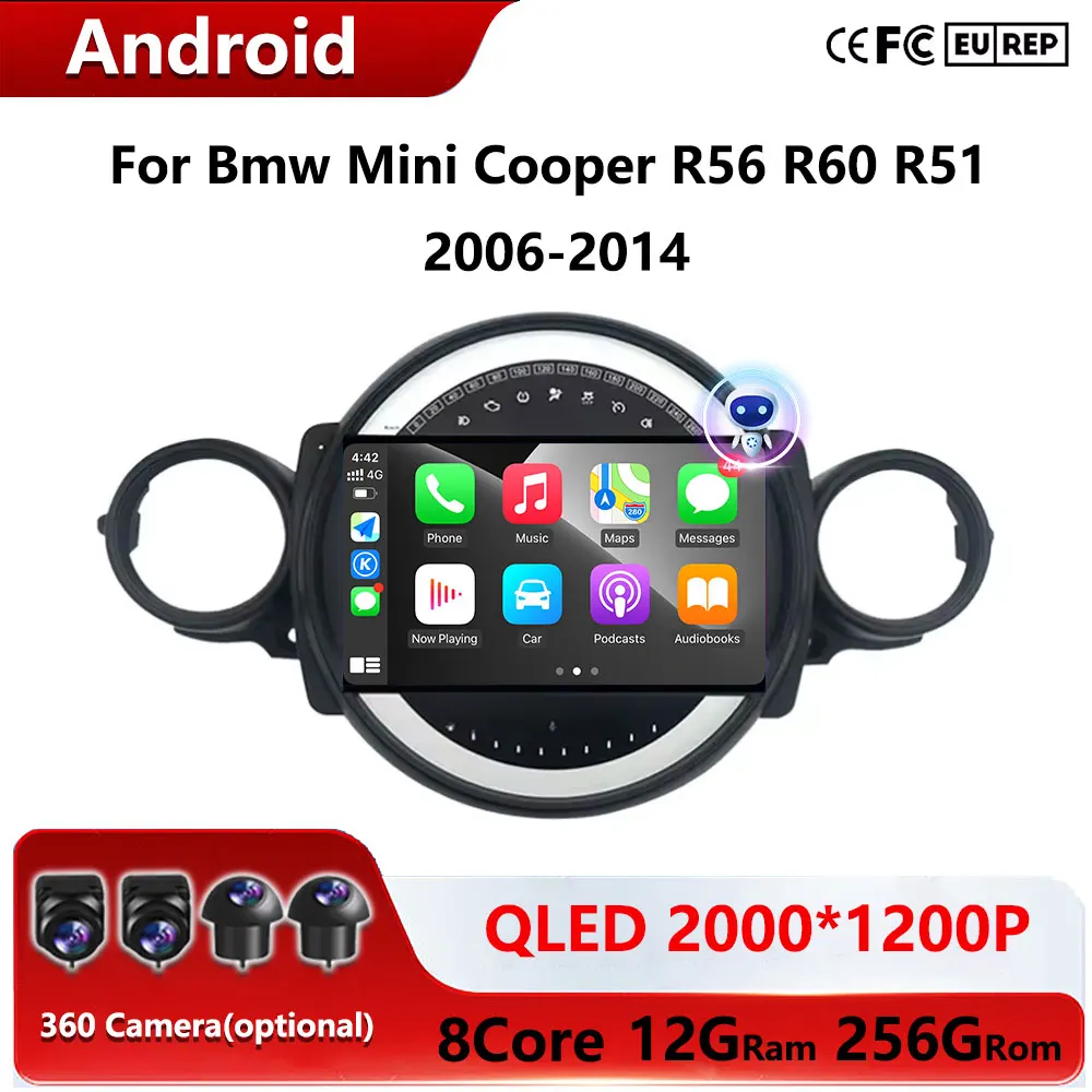 Android Auto Carplay QLED pantalla Radio de coche para BMW Mini Cooper R56 R60 R51 2006 2007-2014 reproductor de vídeo Multimedia navegación GPS 1