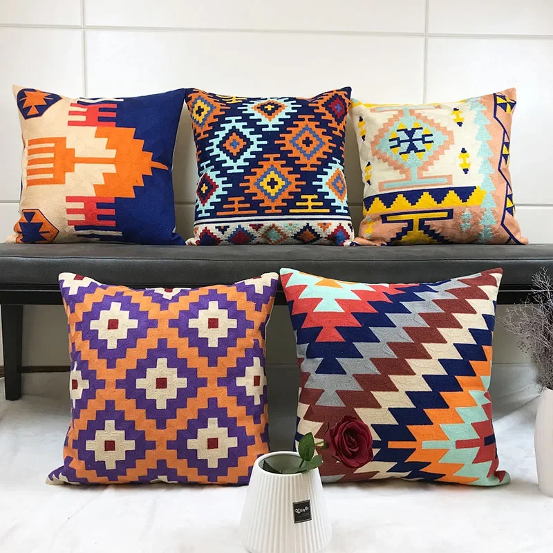 

Home Decorative Embroidered Cushion Cover Kilim Style Canvas Cotton Square Embroidery Pillow Cover 45x45cm For Sofa Bed Chair