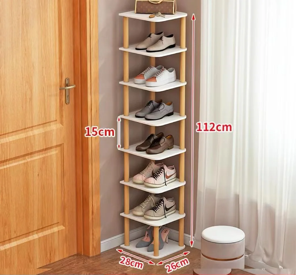 Household 8 Tiers Vertical Shoe Rack Narrow Organizer Stylish Wooden Shoe Storage Stand Space Saving Shelf Tower Shoe Rack 6