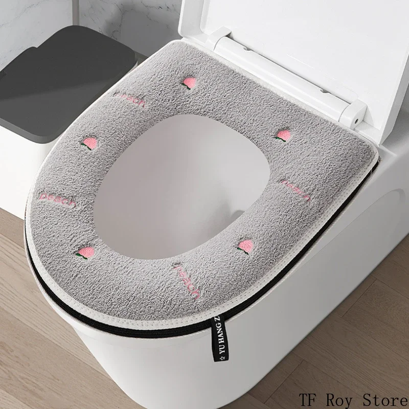Peach Pattern Thickened Toilet Mat Universal Waterproof Zipper Embroidered Toilet Cover Home Seat Cushion Four Seasons