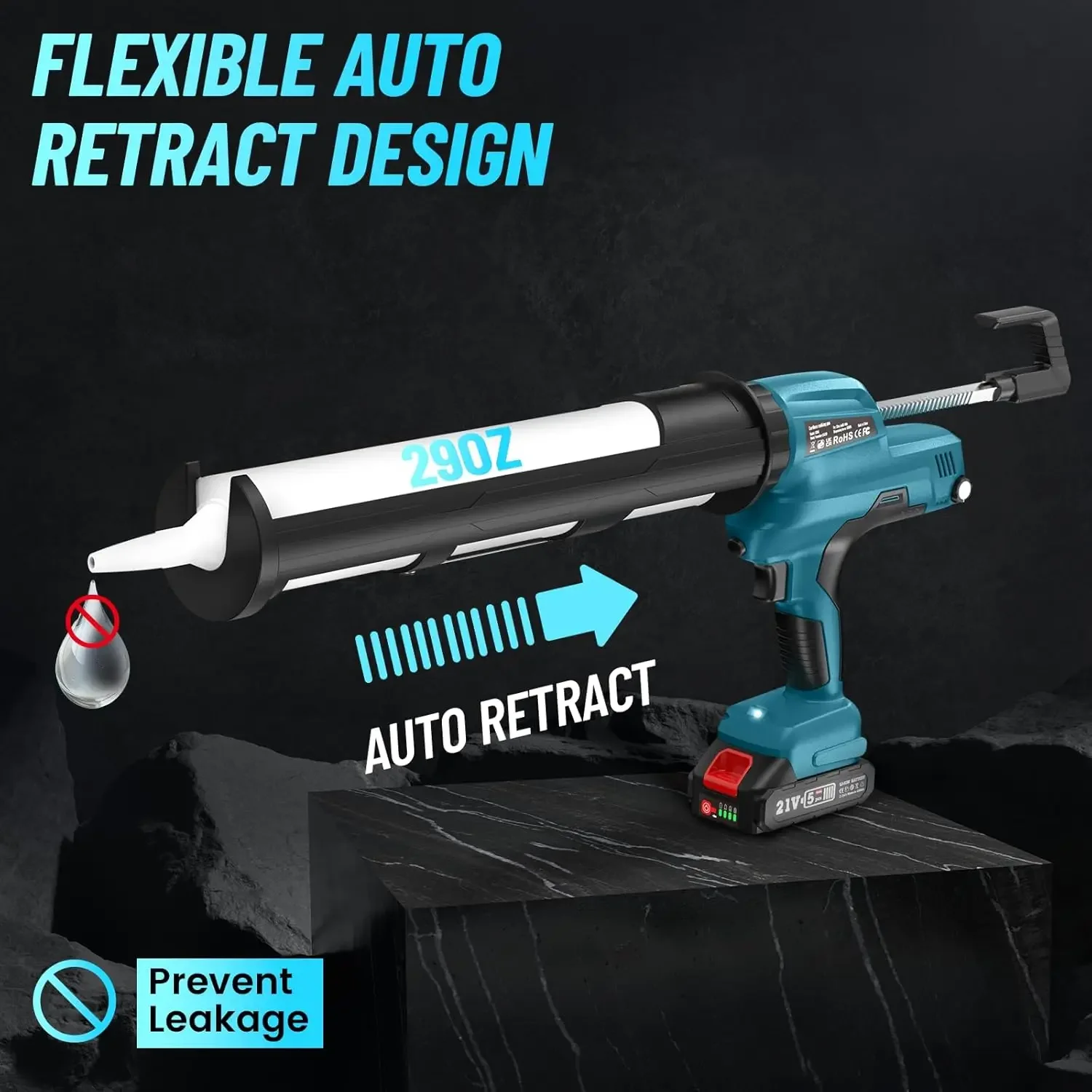 Cordless Caulking Gun, 29oz Electric Caulking Gun w/ 2000mAh Li-ion Battery, Caulk Gun with Stepless Speed Control, LED Light, 3 5