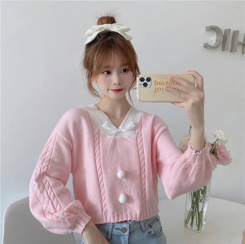 Candy Color Preppy Style Women Pullover Sweater V Neck White Pink Blue Sweet Sweater Cute Kawaii Bow Short Sweater Crop Top sweater hoodie