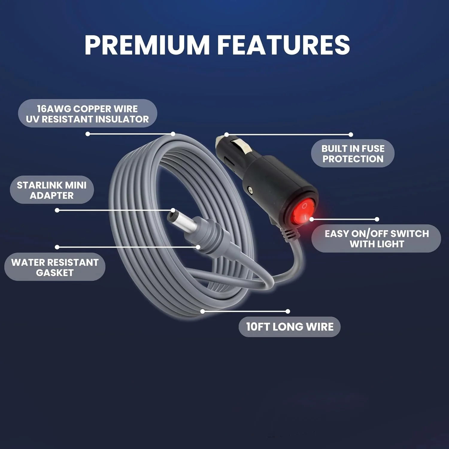 DC 12-24V Power Cable for Starlink Mini 16AWG Car Charging Cable with LED Indicator Switch Against Surge Electric Wire Plug&Play 5
