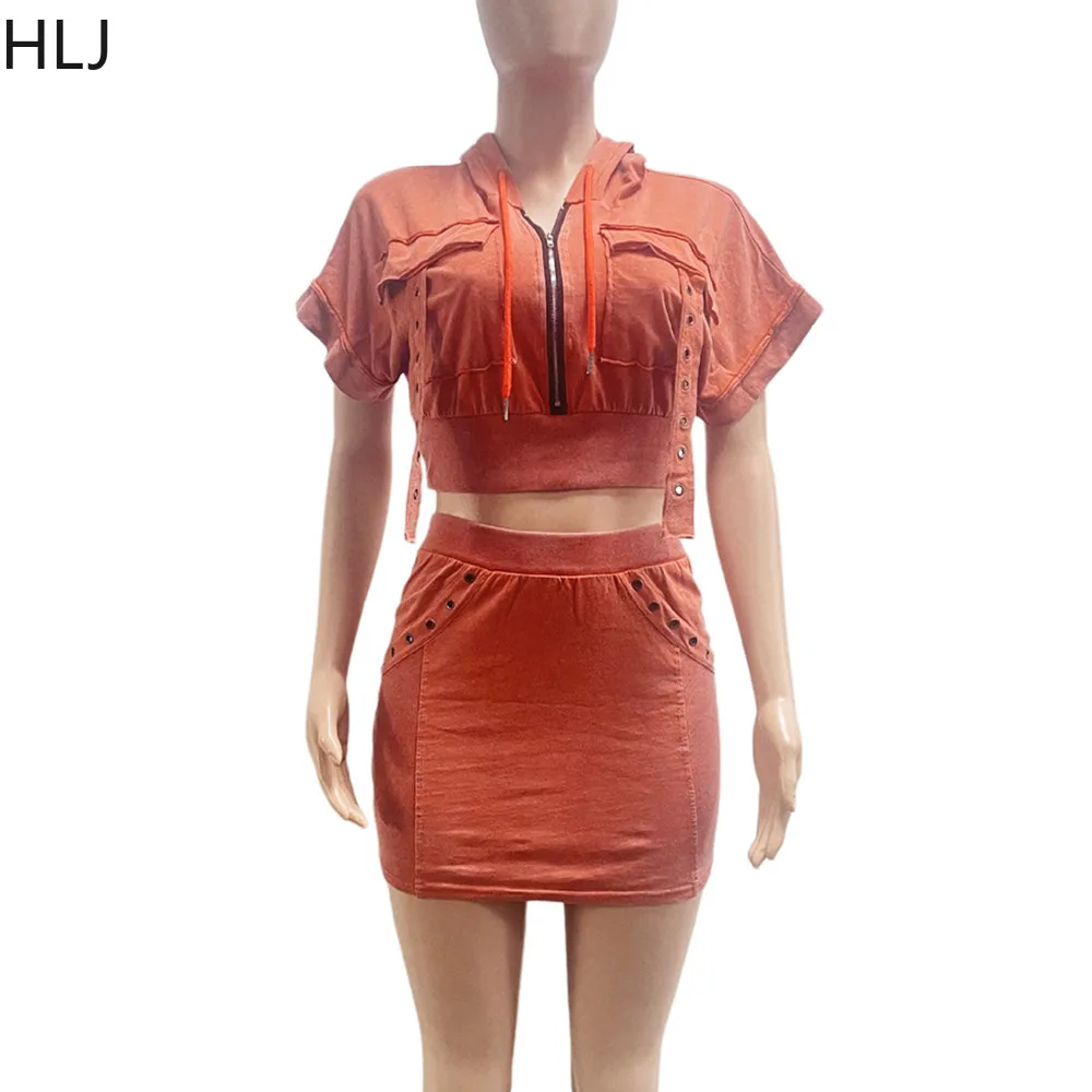HLJ Fashion High Quality Splicing Hooded Two Piece Sets Women Zipper Short Sleeve Crop Top And Mini Skirts Outfits Streetwear