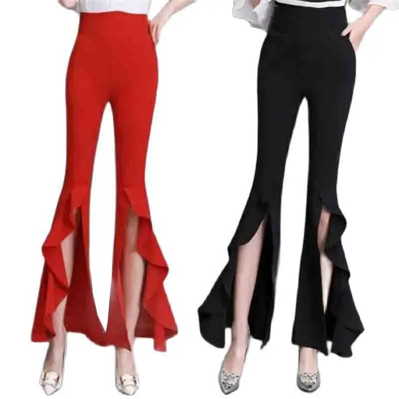 

Elastic Waist Lotus-Flounced Fishtail Bell-Bottoms Spring Summer 2023 New High Waist Irregular Temperament Women Wide-Leg Pants