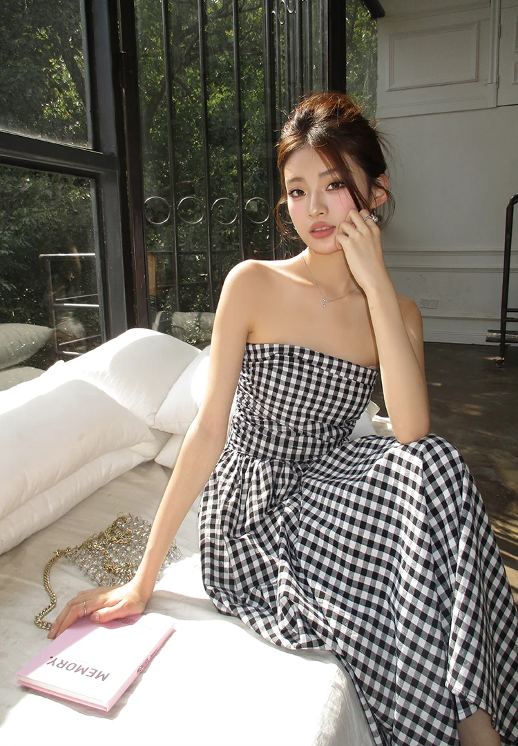 Casual Strapless Midi Dresses for Women Striped Sleeveless A-line Korean Chic Summer New Party Dress Vestidos Mujer