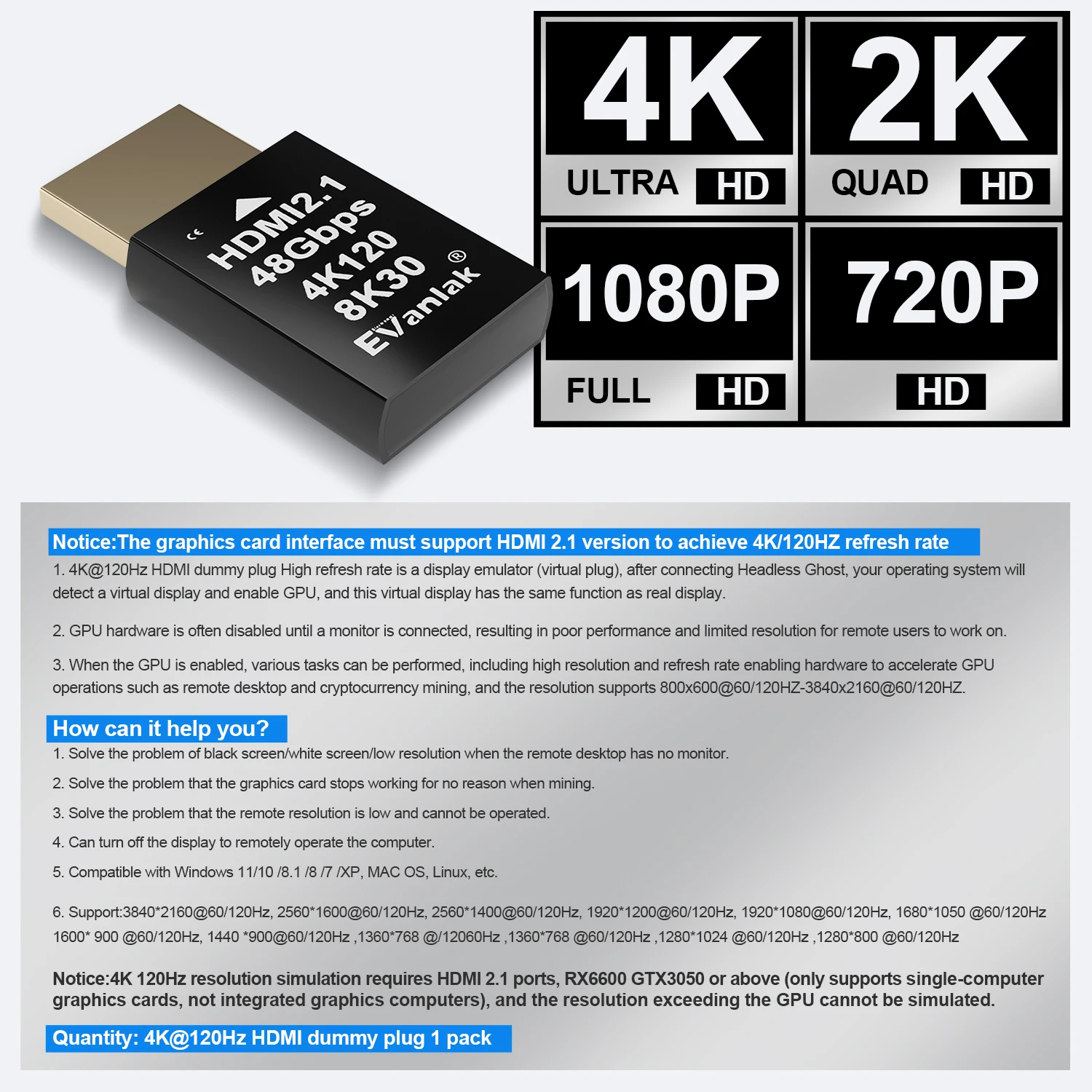 4K 120Hz HDMI2.1 Dummy Plug Virtual Display Emulator-Headless Ghost Adapter  for PC, VR & Crypto Mining, 8K@30Hz, EDID Simulator - AliExpress
