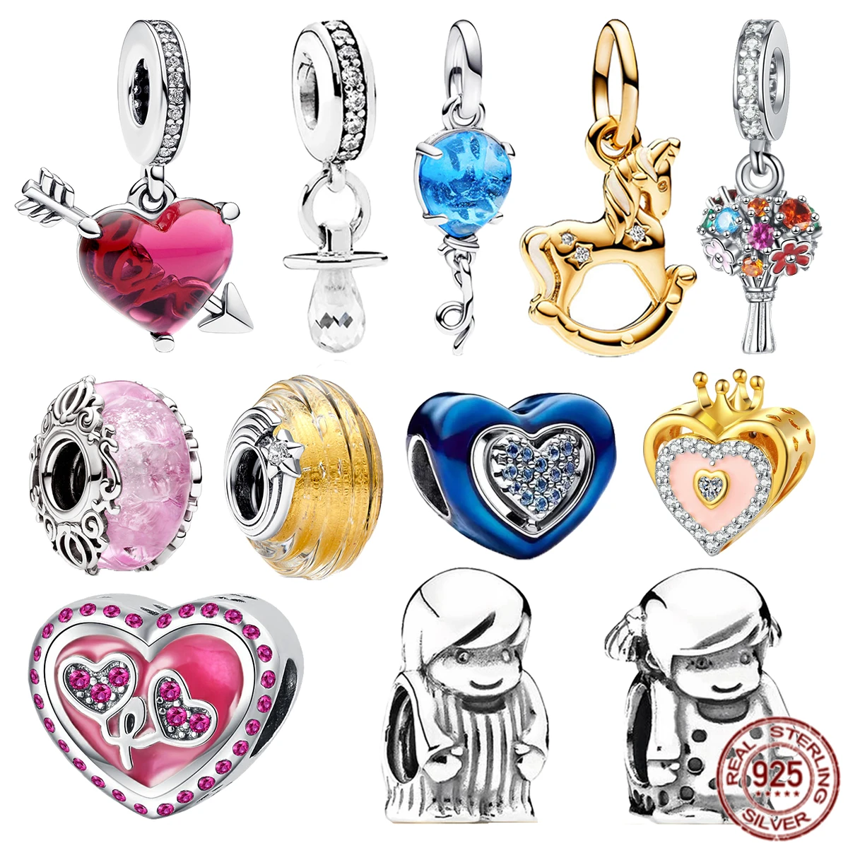 

New Arrivals Fine 925 Sterling Silver Flower Dangle Heart Shape Charm Glass Beads Fit Original Pandora Bracelet DIY Jewelry Gift