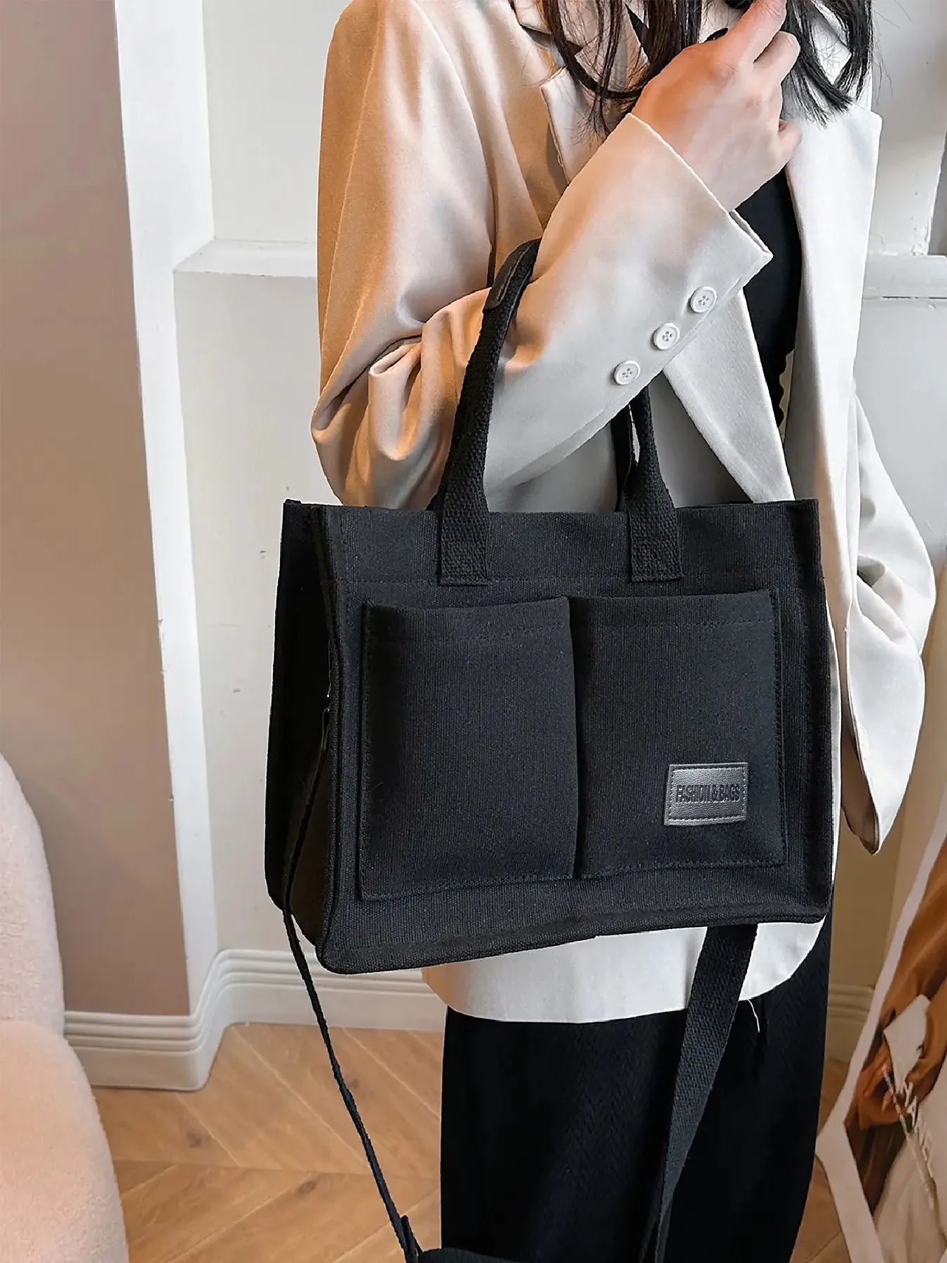 Neu eingetroffene Canvas-Einkaufstasche für Damen mit Taschen, große Umhängetasche, Umhängetasche, Handtasche, alles für die tägliche Arbeit – Detail 10