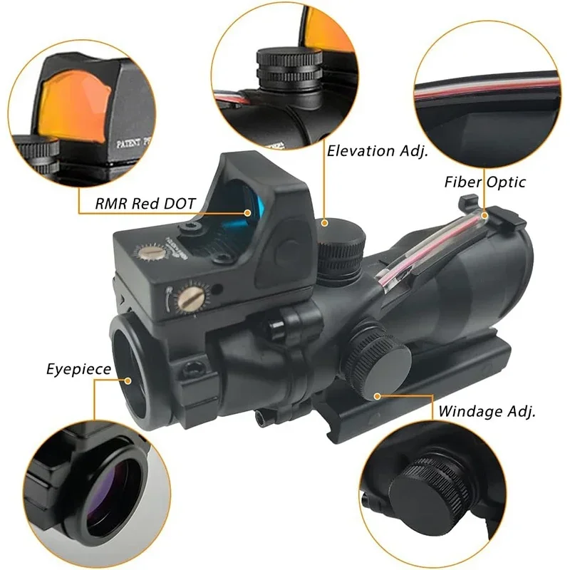 4X32 and RMR Hunting Riflescope Real Fiber Optics Grenn Red Dot Illuminated Etched Reticle Tactical Optical Sight